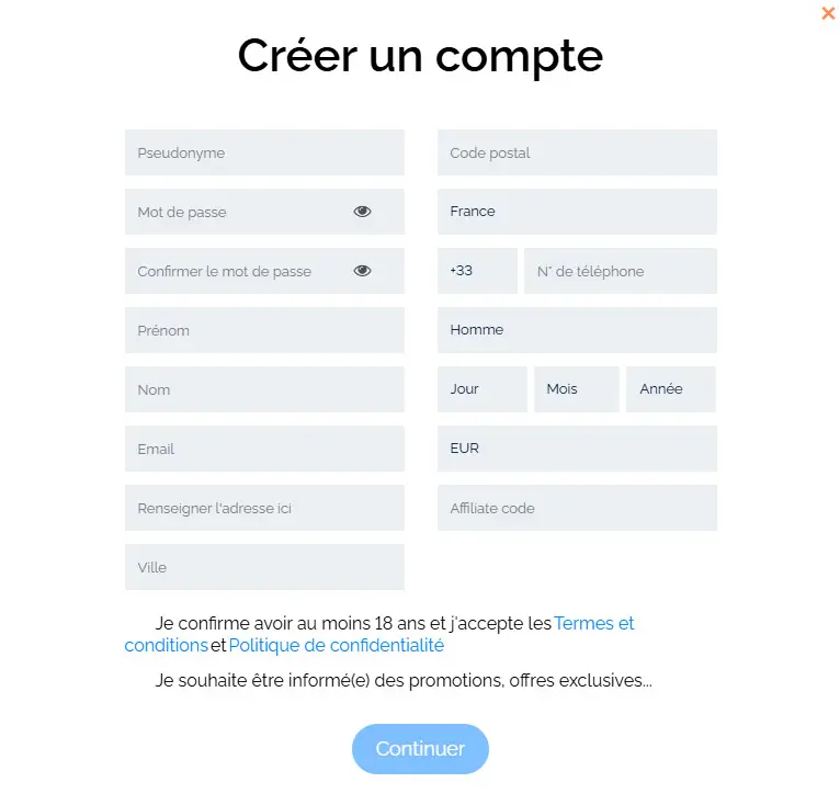 Processus d'inscription TOUCH CASINO